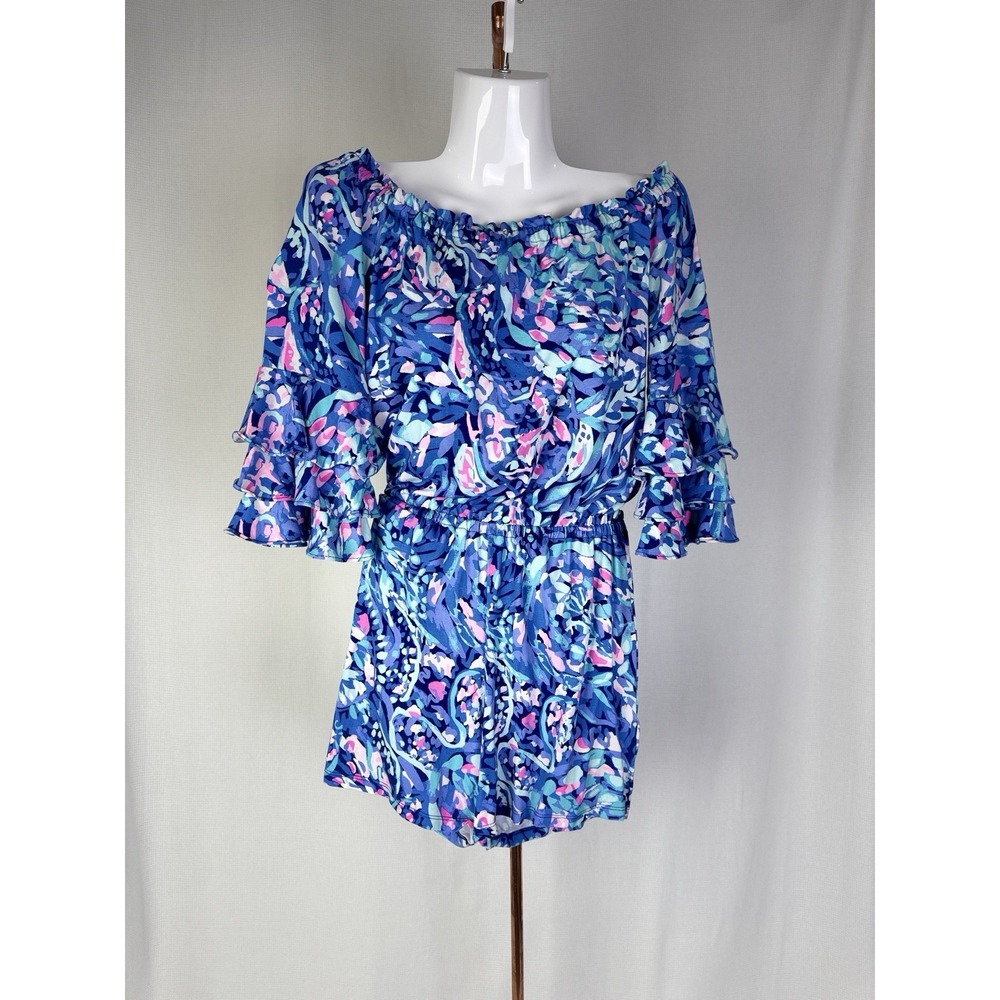 Lilly Pulitzer Size XXS Calla Romper Off Shoulder Ruffle Abstract Printed Womens